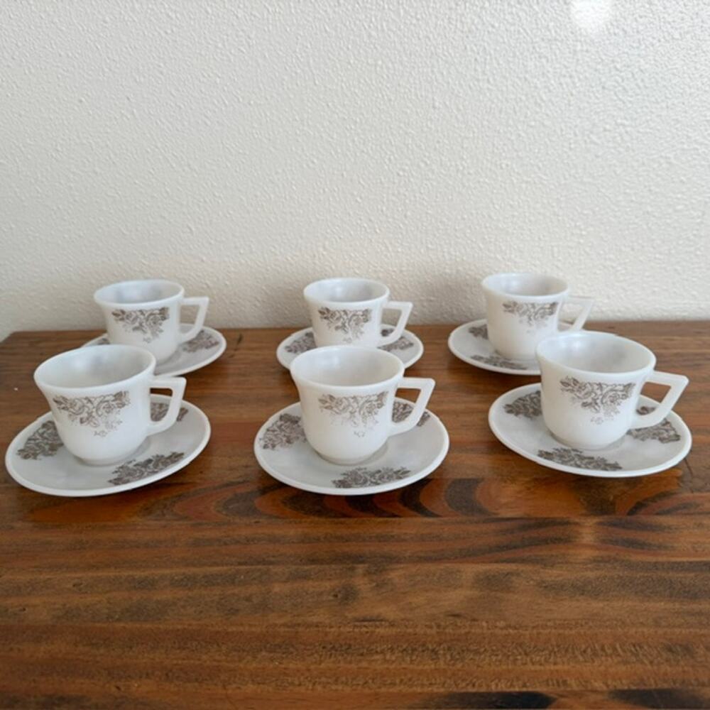 Vintage Milk Glass Tea Cups and Saucers - Set of 6
